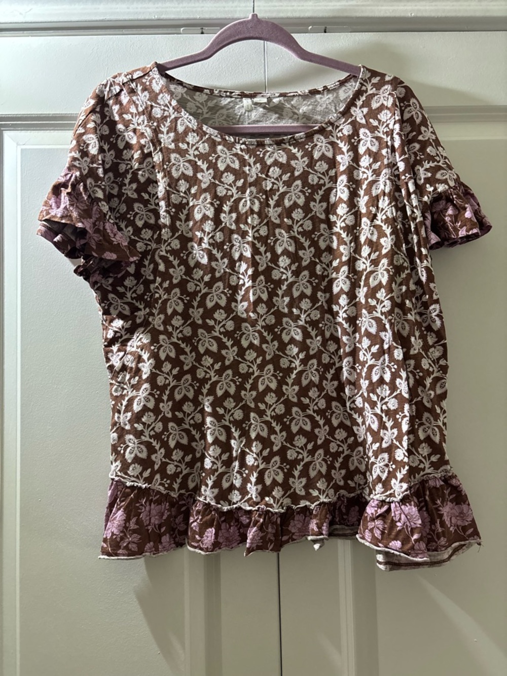 Cato Brown and Cream Floral Ruffle Sleeve Top